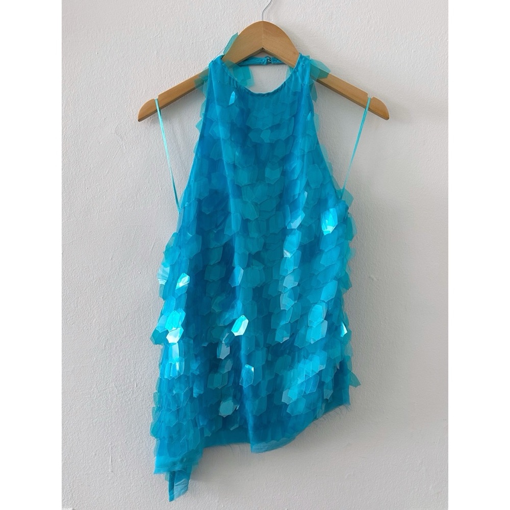 ASOS Arrange Embellished Shard Sequin Longline Halter Neck Top Blue